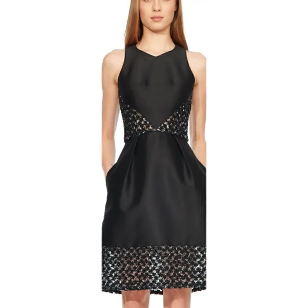 NWT Theia Black Taffeta Embroidered Mini Dress Sz. 6